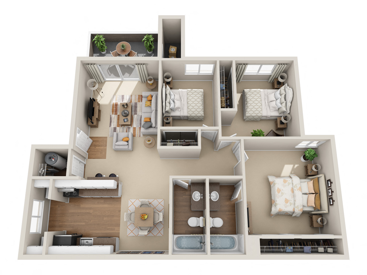 Floor plan for 3 beds, 2 baths, 1022 sqft